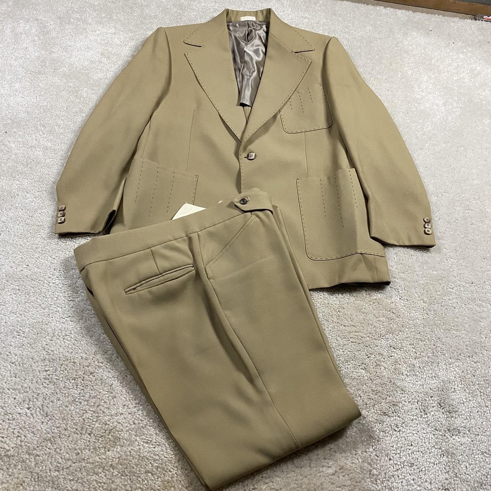 VTG 70s Brown Shed Suit Mens 42 Beige 3 Piece Western Flared 70s Disco Retro